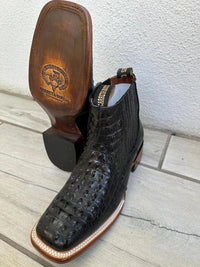 Exotic Caiman Alligator Print Square Toe Western Cowboy Ankle Boots – Black - OriginalWestern.com