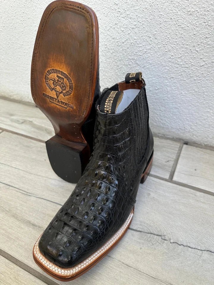 Exotic Caiman Alligator Print Square Toe Western Cowboy Ankle Boots – Black - OriginalWestern.com