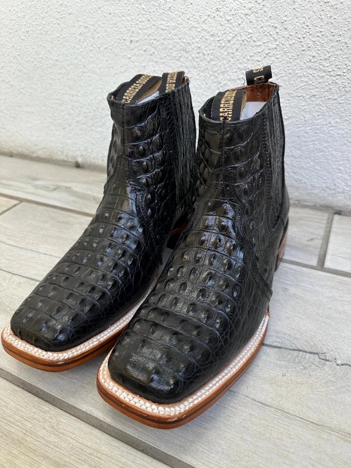 Exotic Caiman Alligator Print Square Toe Western Cowboy Ankle Boots – Black - OriginalWestern.com