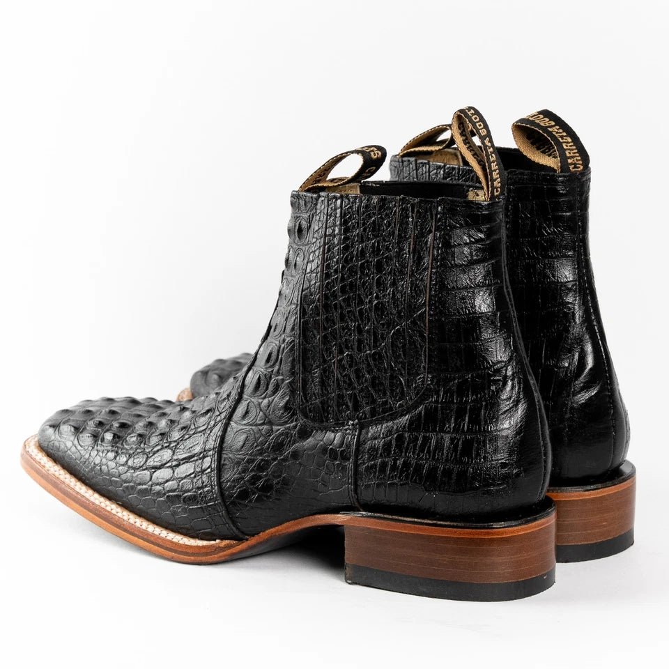 Exotic Caiman Alligator Print Square Toe Western Cowboy Ankle Boots – Black - OriginalWestern.com