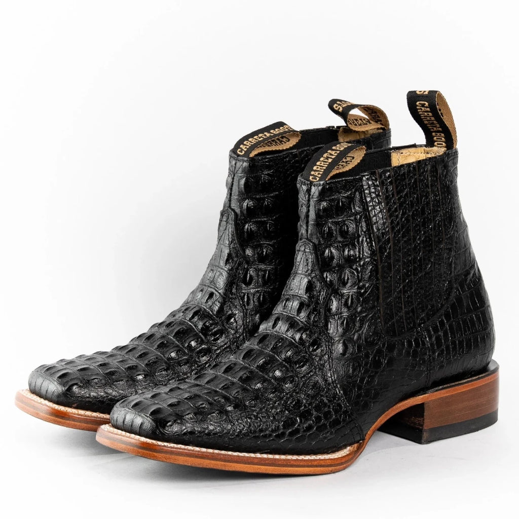 Exotic Caiman Alligator Print Square Toe Western Cowboy Ankle Boots – Black - OriginalWestern.com