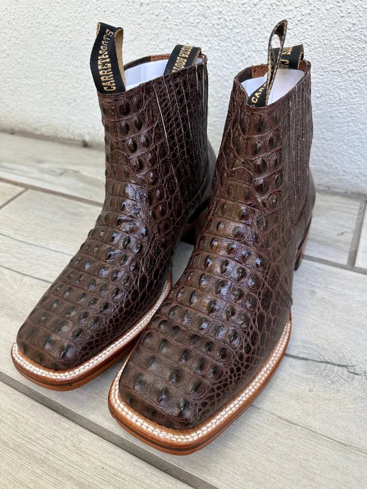 Exotic Caiman Alligator Print Square Toe Western Cowboy Ankle Boots – Brown - OriginalWestern.com