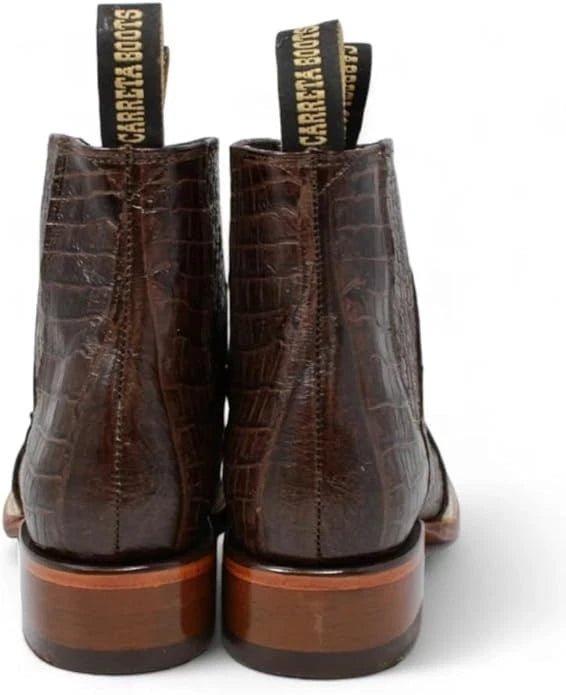 Exotic Caiman Alligator Print Square Toe Western Cowboy Ankle Boots – Brown - OriginalWestern.com
