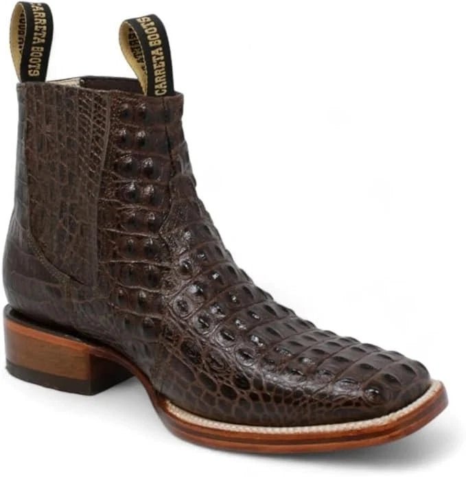 Exotic Caiman Alligator Print Square Toe Western Cowboy Ankle Boots – Brown - OriginalWestern.com