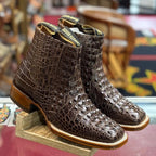 Exotic Caiman Alligator Print Square Toe Western Cowboy Ankle Boots – Brown - OriginalWestern.com