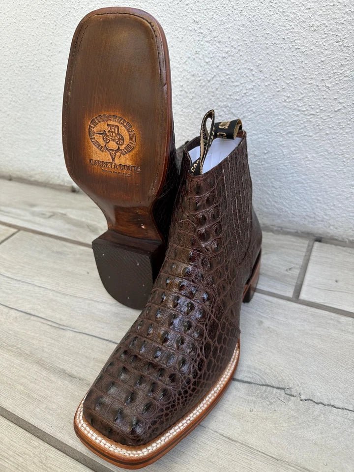 Exotic Caiman Alligator Print Square Toe Western Cowboy Ankle Boots – Brown - OriginalWestern.com