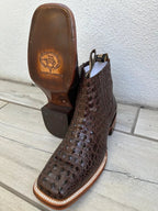 Exotic Caiman Alligator Print Square Toe Western Cowboy Ankle Boots – Brown - OriginalWestern.com