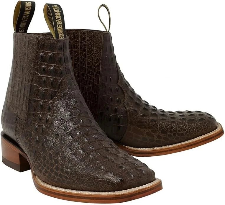 Exotic Caiman Alligator Print Square Toe Western Cowboy Ankle Boots – Brown - OriginalWestern.com