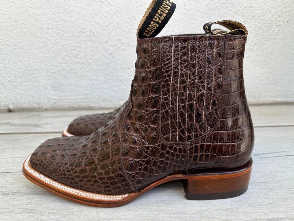 Exotic Caiman Alligator Print Square Toe Western Cowboy Ankle Boots – Brown - OriginalWestern.com