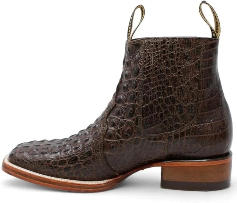 Exotic Caiman Alligator Print Square Toe Western Cowboy Ankle Boots – Brown - OriginalWestern.com