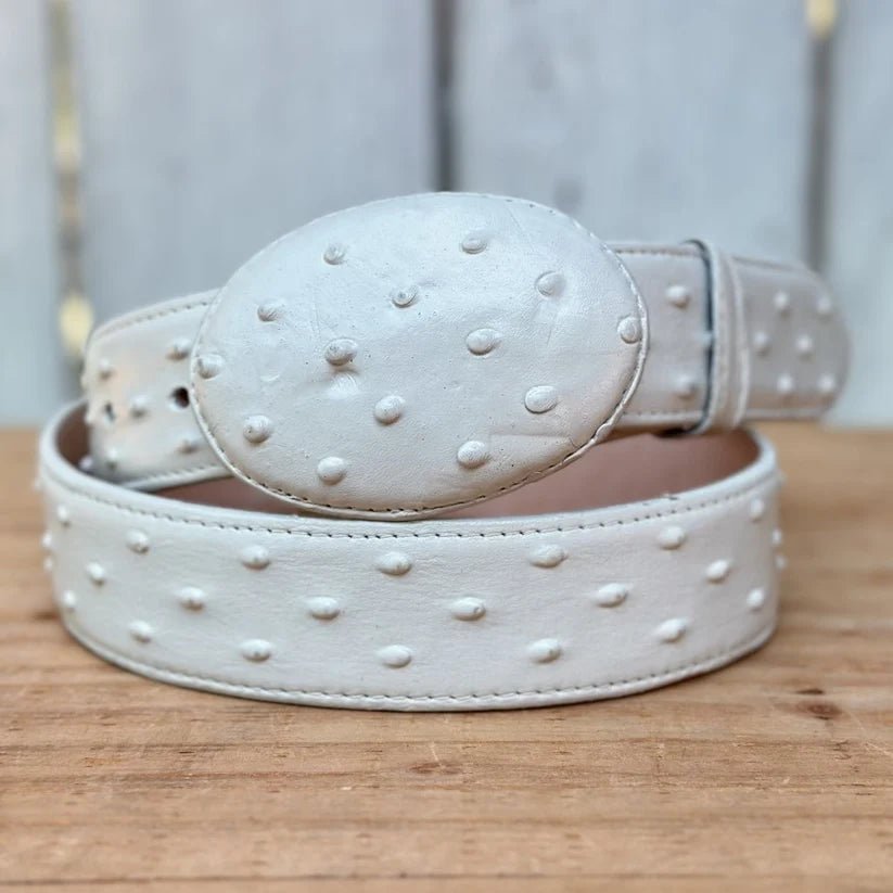 Exotic Ostrich Print Western Belt with Removable Buckle - Winter White Bone - OriginalWestern.com