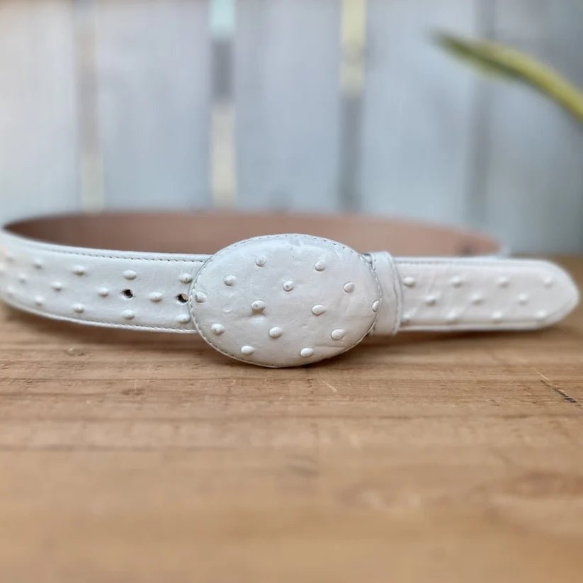 Exotic Ostrich Print Western Belt with Removable Buckle - Winter White Bone - OriginalWestern.com