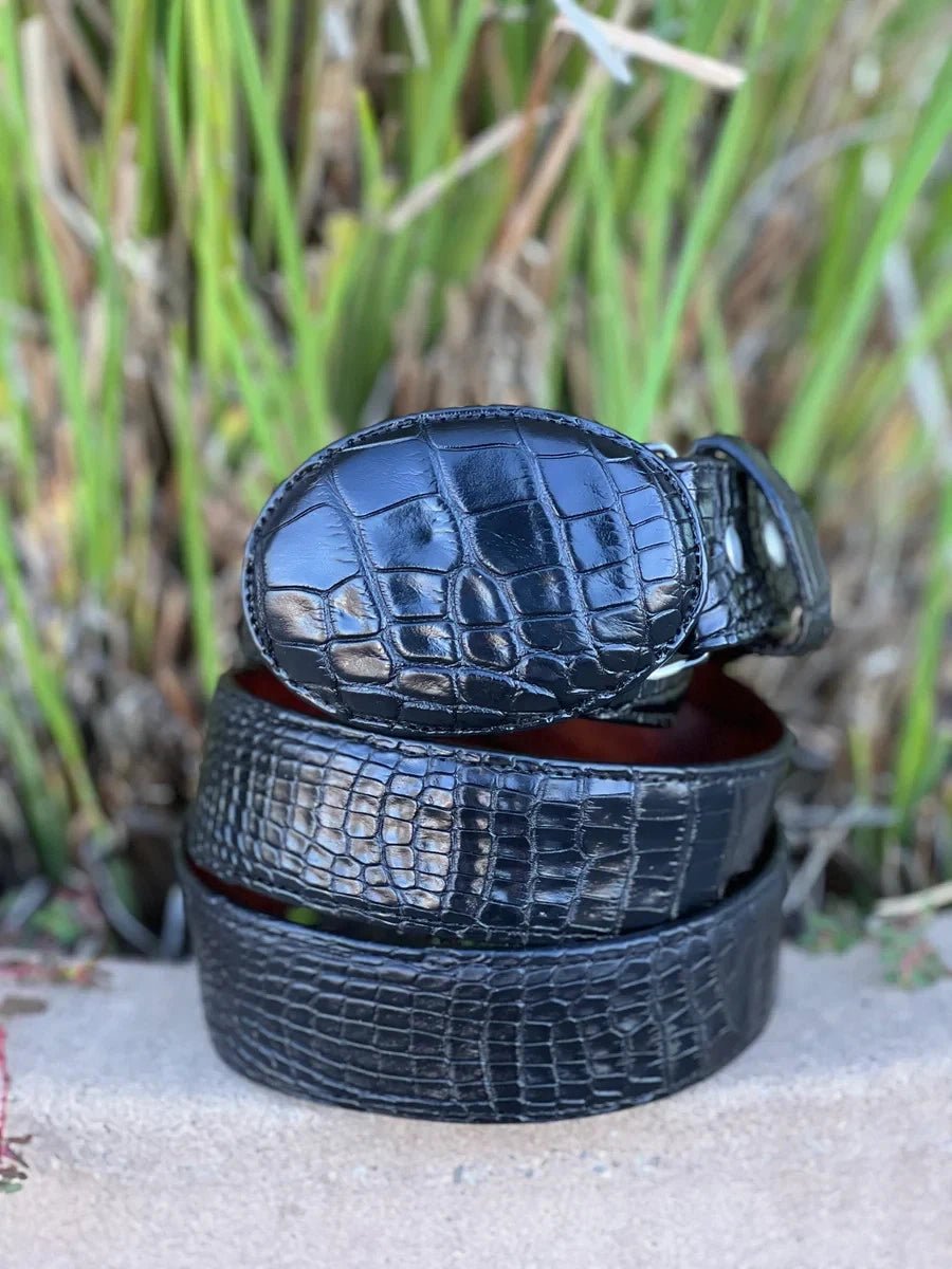 Genuine Exotic Caiman Alligator Skin Cowboy Belt with Removable Buckle - Black - OriginalWestern.com