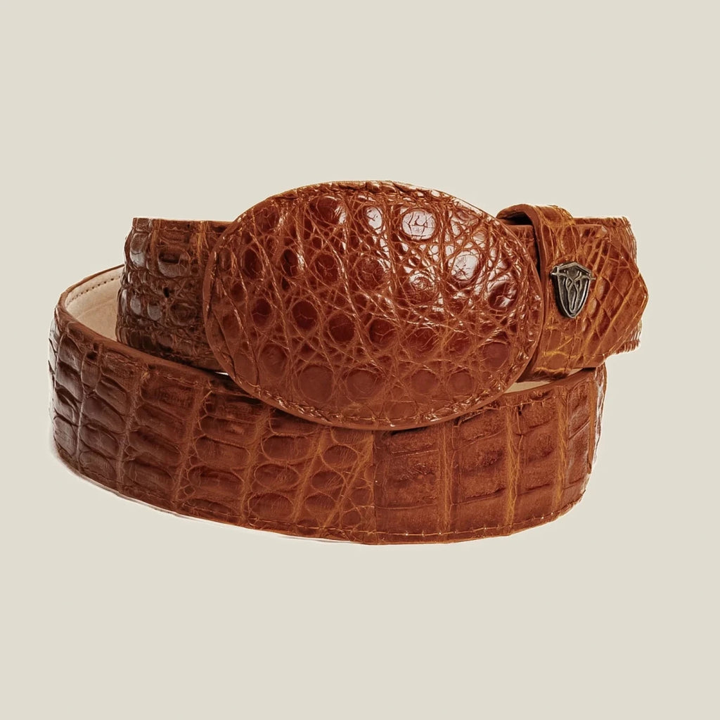 Genuine Exotic Caiman Alligator Skin Cowboy Belt with Removable Buckle - Cognac - OriginalWestern.com