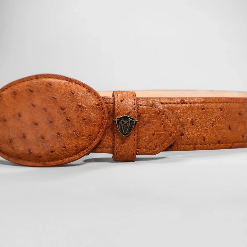 Genuine Exotic Full Quill Ostrich Skin Cowboy Belt with Removable Buckle - Cognac - OriginalWestern.com