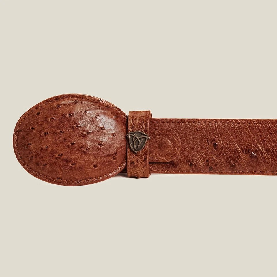 Genuine Exotic Full Quill Ostrich Skin Cowboy Belt with Removable Buckle - Cognac - OriginalWestern.com