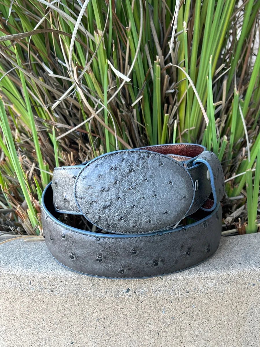 Genuine Exotic Full Quill Ostrich Western Belt with Removable Buckle - Gray - OriginalWestern.com