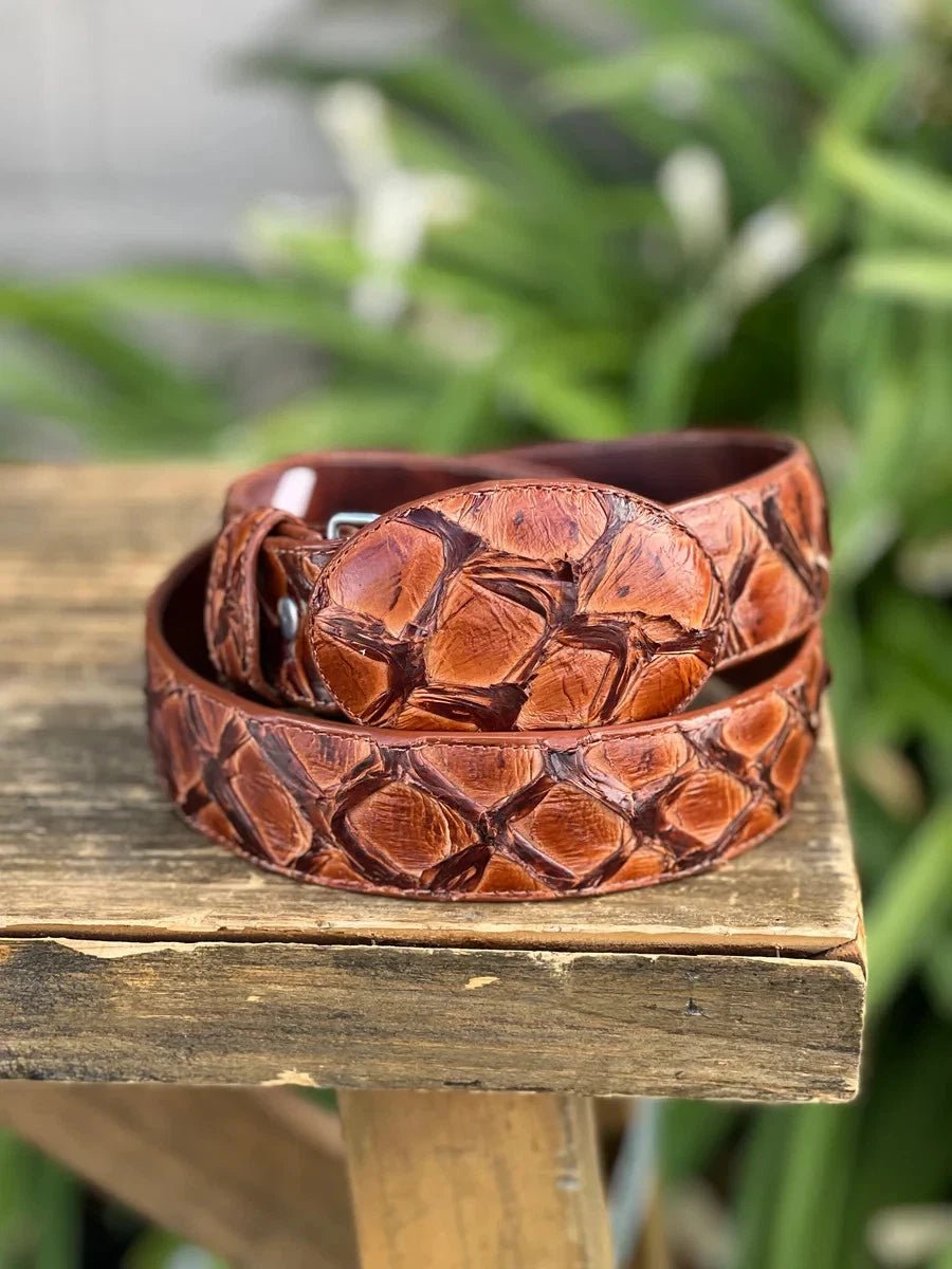 Genuine Exotic Pirarucu Monster Fish Skin Western Belt with Removable Buckle - Honey - OriginalWestern.com