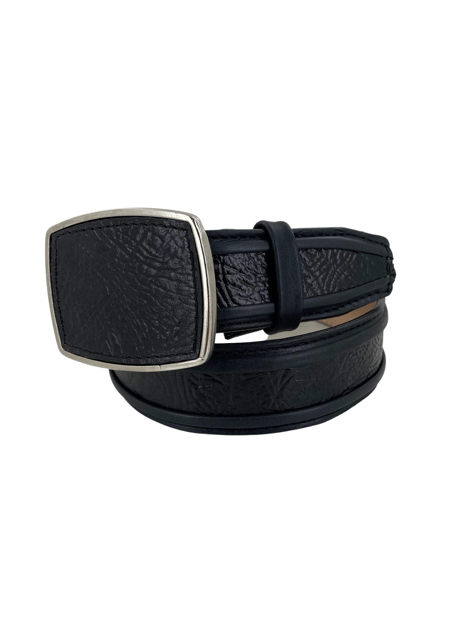 Shark Skin Print Western Belt with Removable Metal Buckle - Black