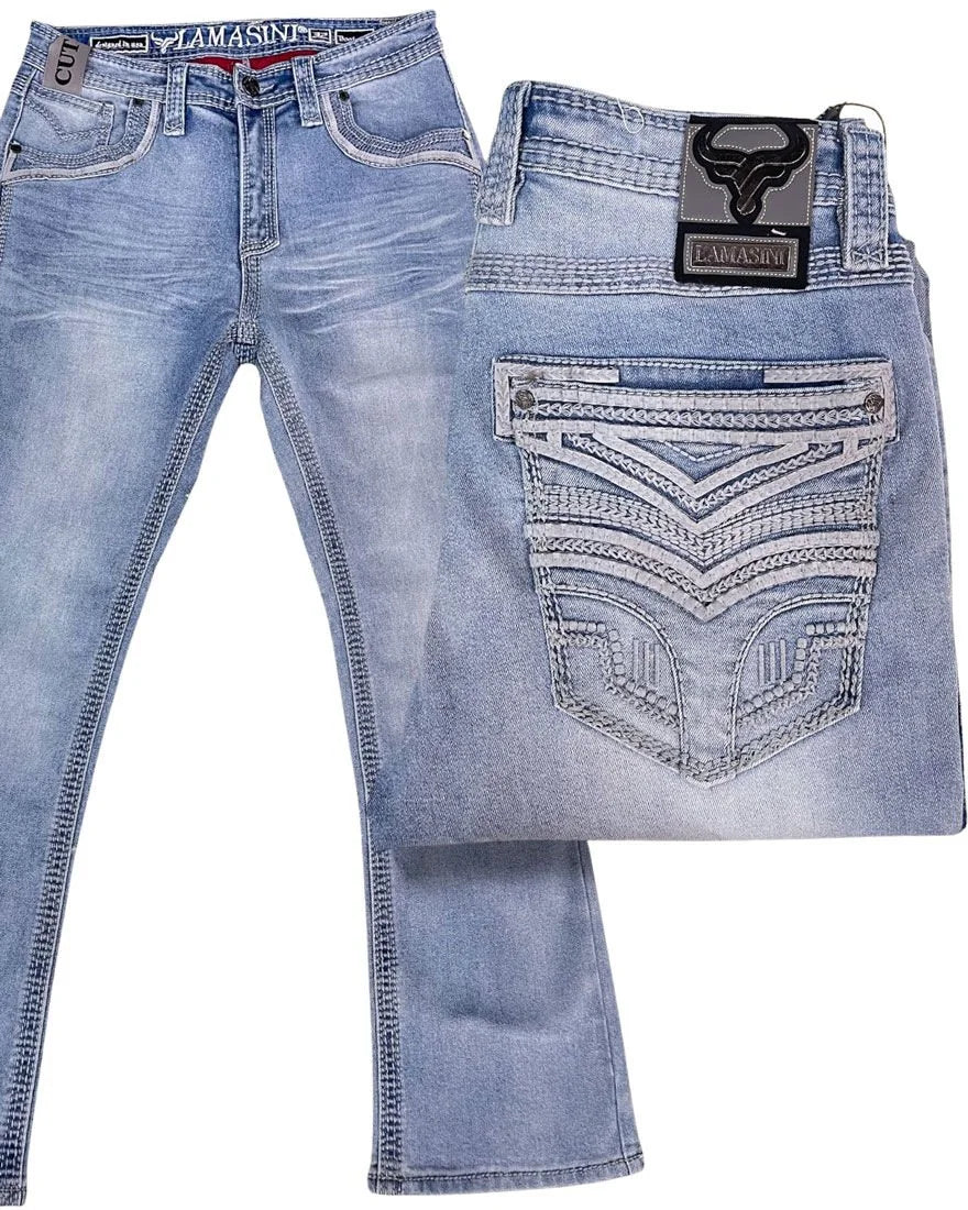 Men's Boot Cut Western Jeans – Stretch Denim Cowboy Pants – Light Blue 26503