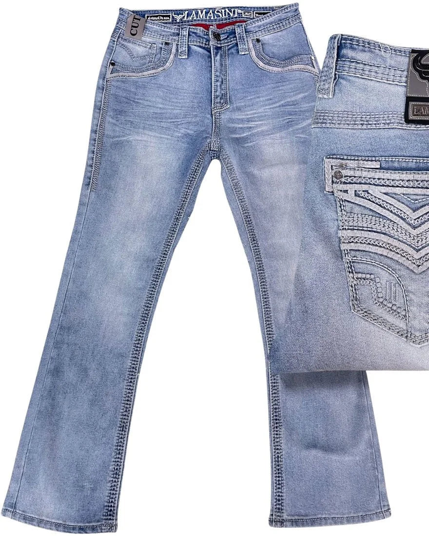 Men's Boot Cut Western Jeans – Stretch Denim Cowboy Pants – Light Blue 26503