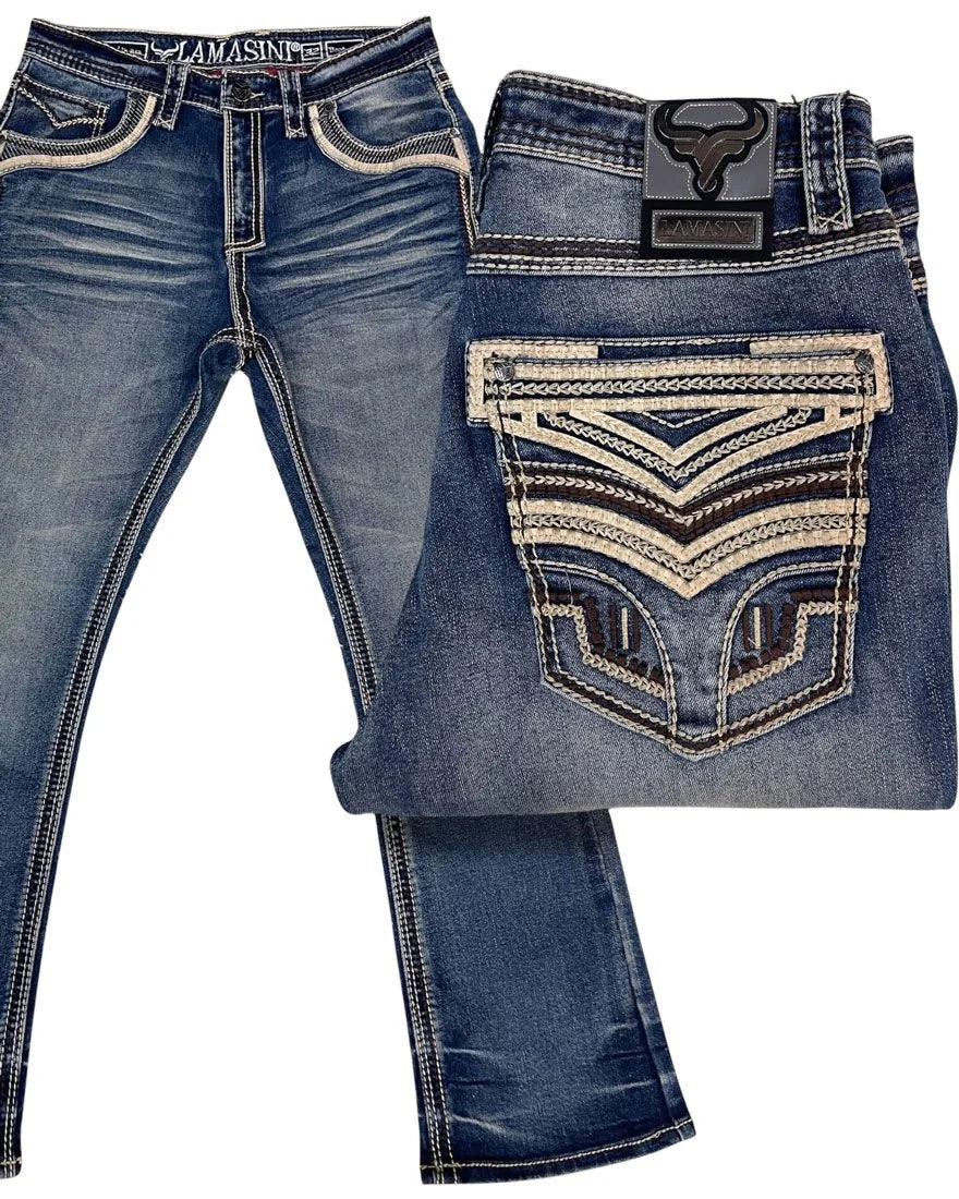 Men's Boot Cut Western Jeans – Stretch Denim Cowboy Pants – Medium Blue 26503