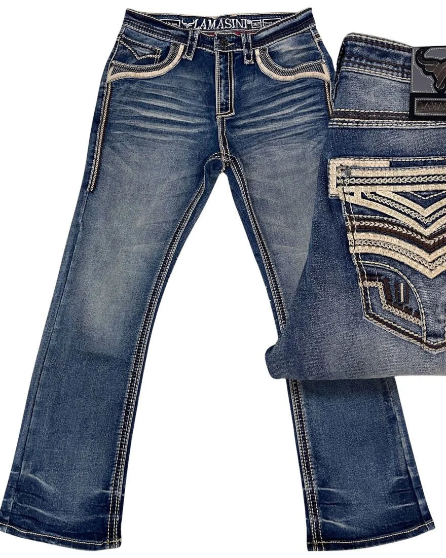 Men's Boot Cut Western Jeans – Stretch Denim Cowboy Pants – Medium Blue 26503