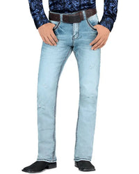 Men's Boot Cut Western Jeans – Stretch Denim Cowboy Pants – Light Blue 1868