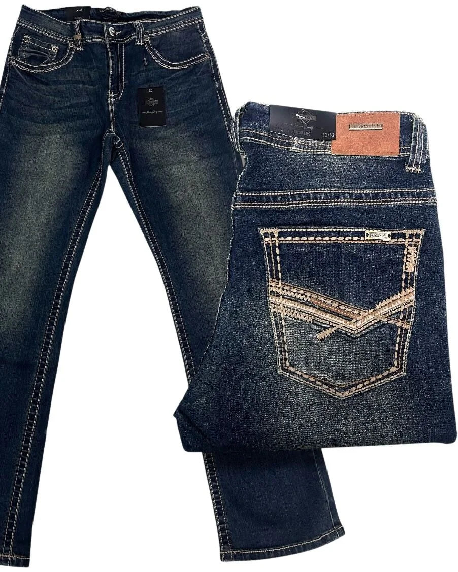 Men's Boot Cut Western Jeans – Stretch Denim Cowboy Pants - Dark Blue  9055