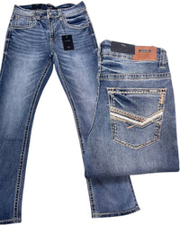 Men's Boot Cut Western Jeans – Stretch Denim Cowboy Pants - Medium Blue 9055
