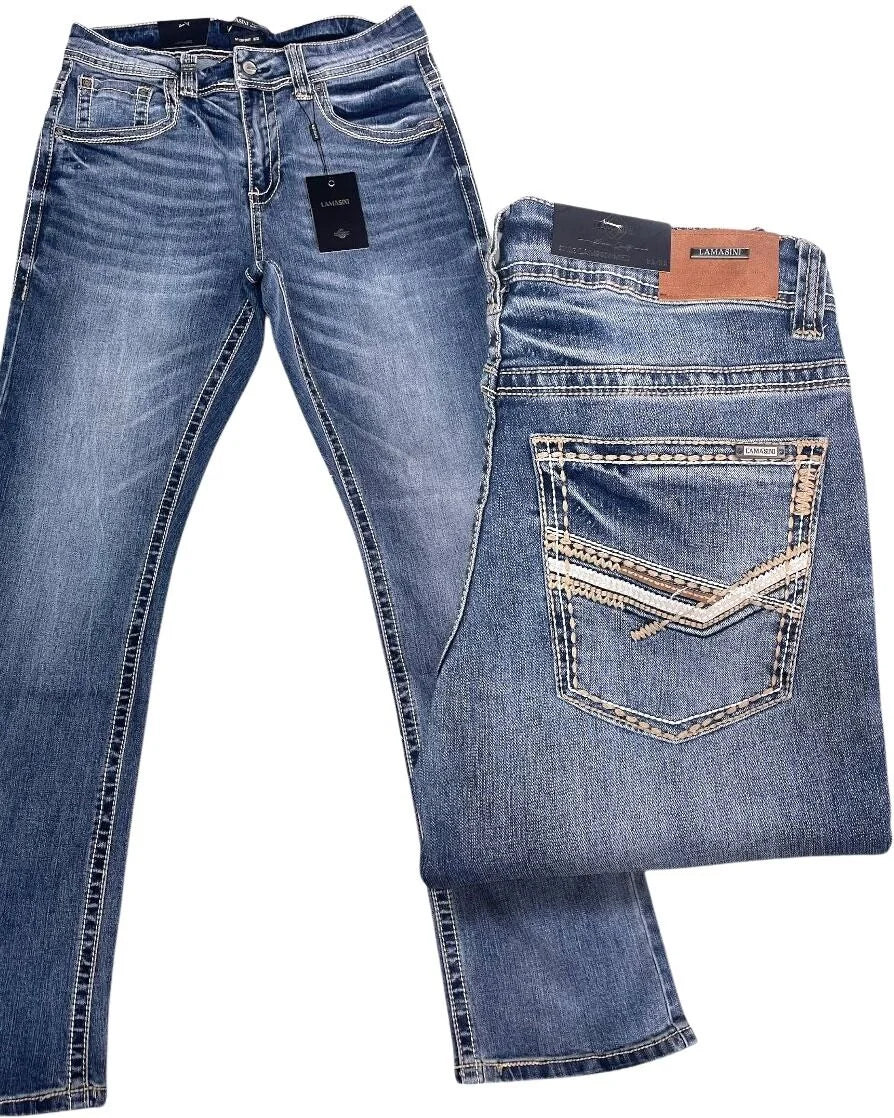 Men's Boot Cut Western Jeans – Stretch Denim Cowboy Pants - Medium Blue 9055