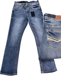 Men's Boot Cut Western Jeans – Stretch Denim Cowboy Pants - Medium Blue 9055