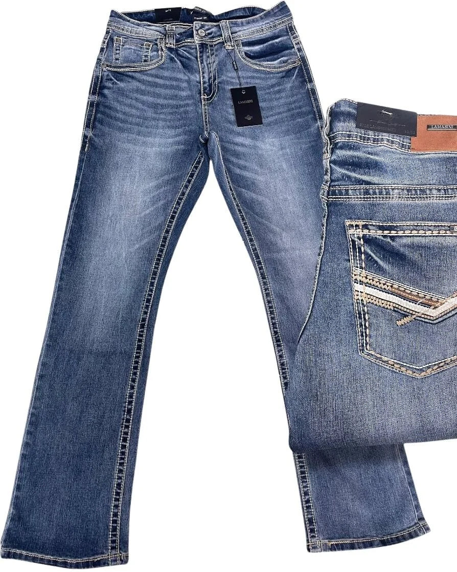 Men's Boot Cut Western Jeans – Stretch Denim Cowboy Pants - Medium Blue 9055