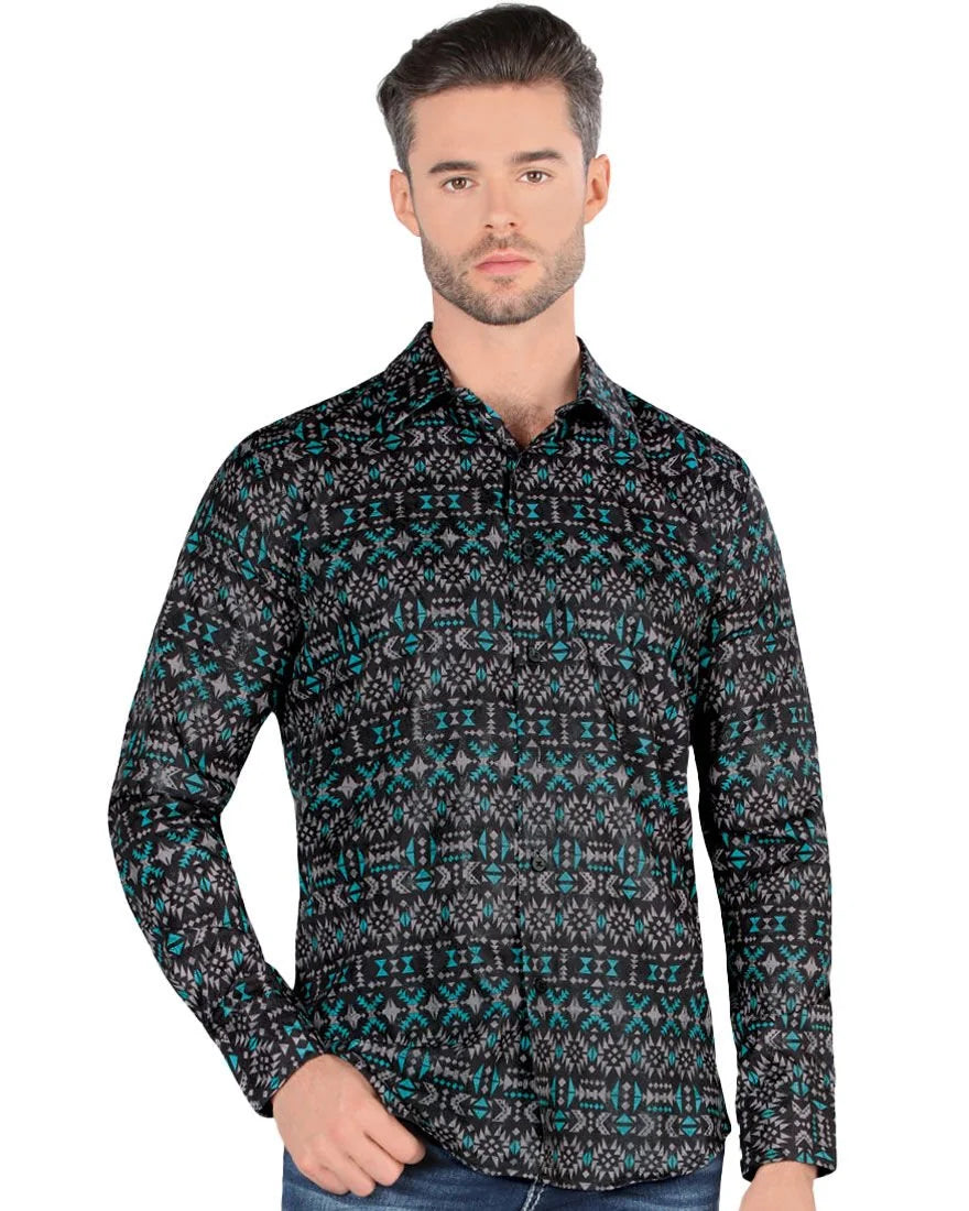 Montero - 0451 Men's Black Shirt Teal Pattern