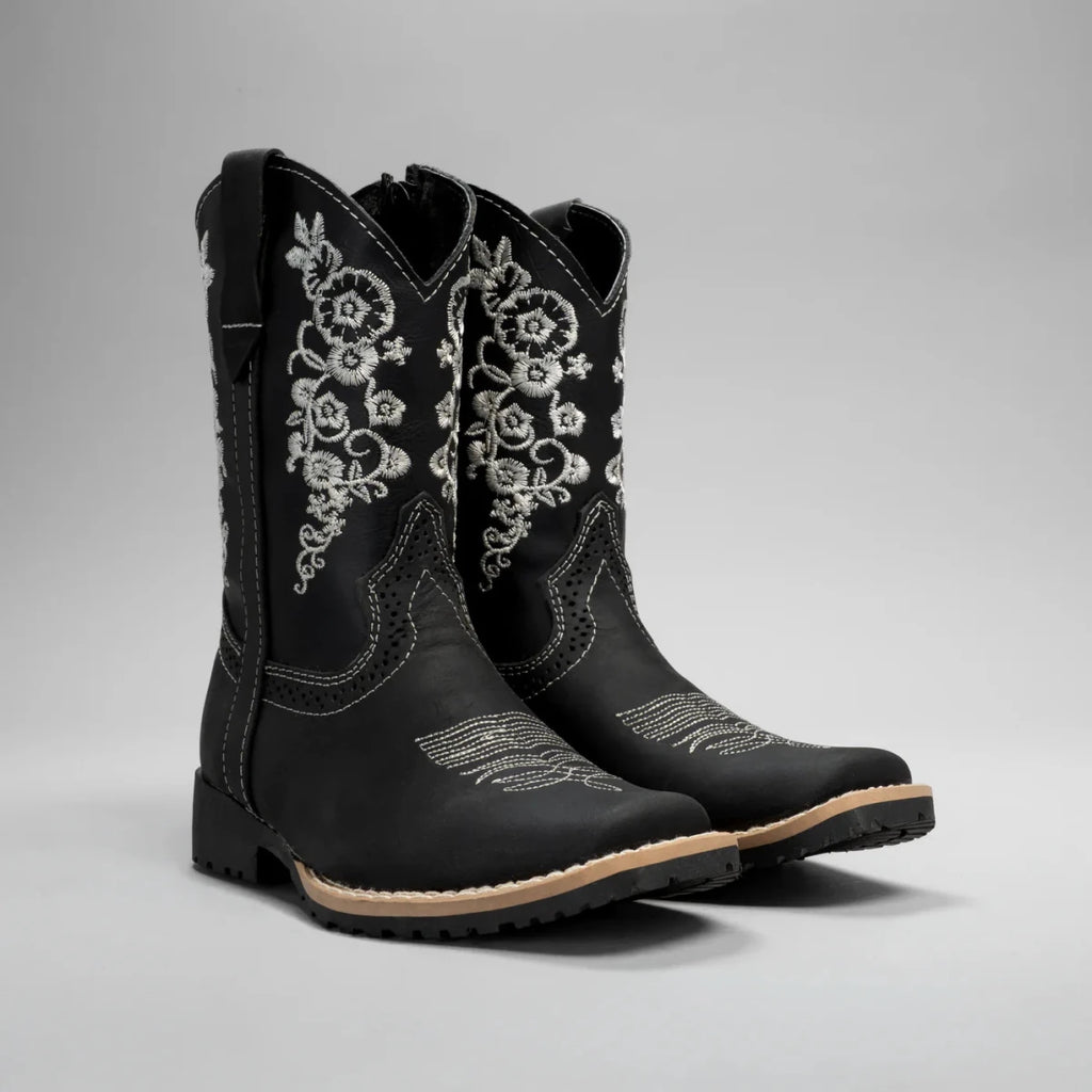 Joe Boots Kids's Embroidered Square Toe Cowboy Boots - Black - OriginalWestern.com