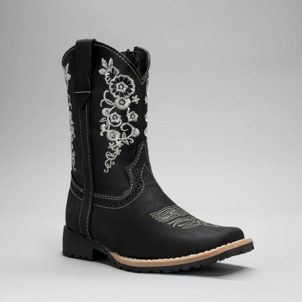 Joe Boots Kids's Embroidered Square Toe Cowboy Boots - Black - OriginalWestern.com