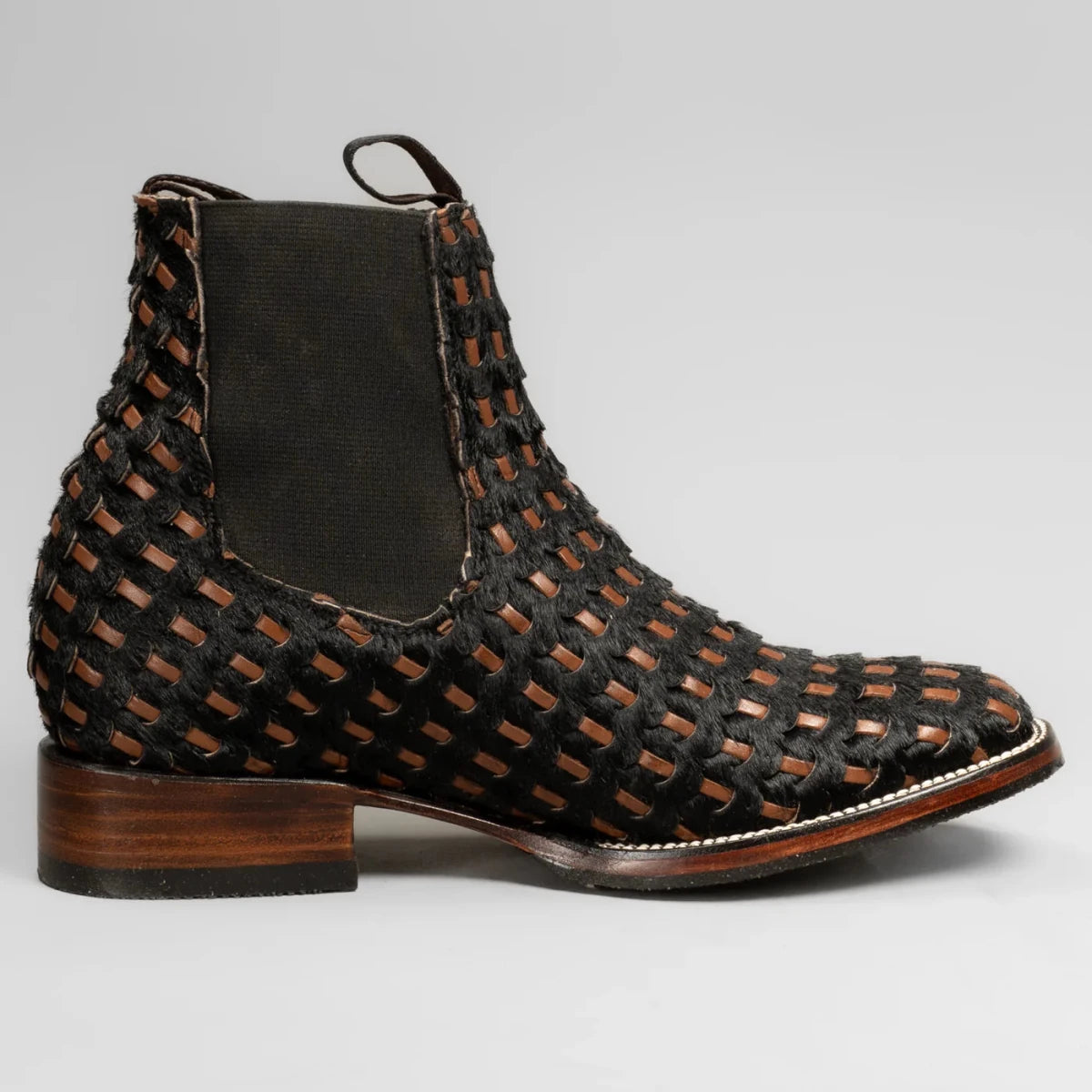 Joe Boots Men”s Braided Leather and Hair Tribute Square Toe Ankle Boot–Black - OriginalWestern.com