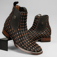 Joe Boots Men”s Braided Leather and Hair Tribute Square Toe Ankle Boot–Black - OriginalWestern.com