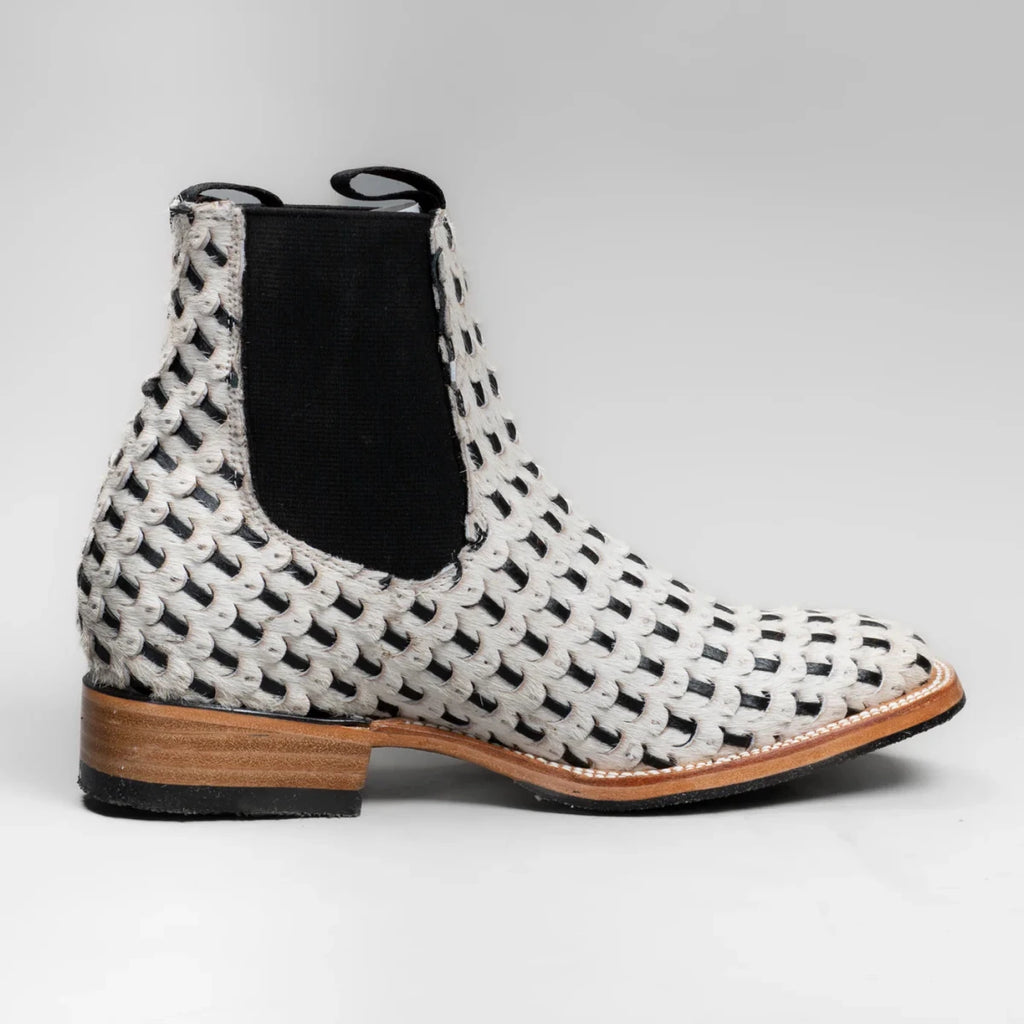 Joe Boots Men”s Braided Leather and Hair Tribute Square Toe Ankle Boot–White - OriginalWestern.com