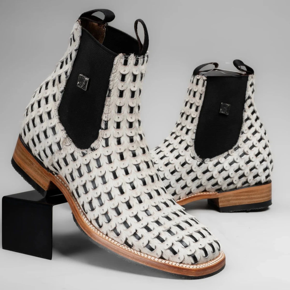 Joe Boots Men”s Braided Leather and Hair Tribute Square Toe Ankle Boot–White - OriginalWestern.com