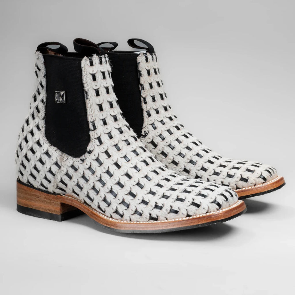 Joe Boots Men”s Braided Leather and Hair Tribute Square Toe Ankle Boot–White - OriginalWestern.com