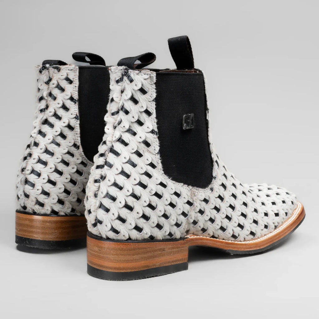 Joe Boots Men”s Braided Leather and Hair Tribute Square Toe Ankle Boot–White - OriginalWestern.com