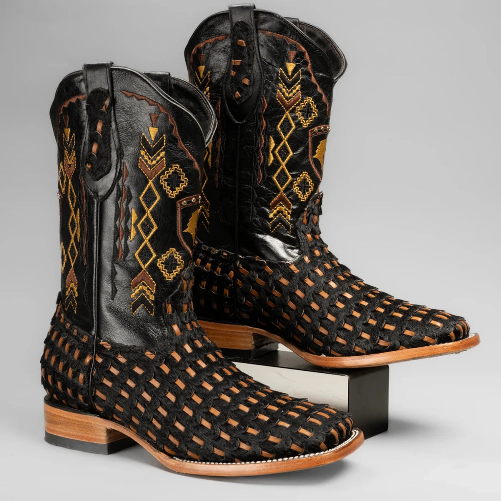 Joe Boots Men”s Braided Leather and Hair Tribute Square Toe Boot–Black - OriginalWestern.com