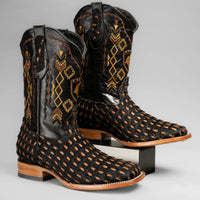 Joe Boots Men”s Braided Leather and Hair Tribute Square Toe Boot–Black - OriginalWestern.com