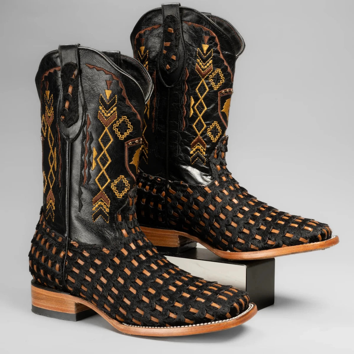 Joe Boots Men”s Braided Leather and Hair Tribute Square Toe Boot–Black - OriginalWestern.com