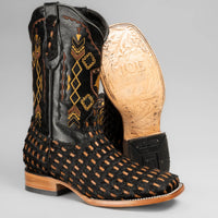 Joe Boots Men”s Braided Leather and Hair Tribute Square Toe Boot–Black - OriginalWestern.com