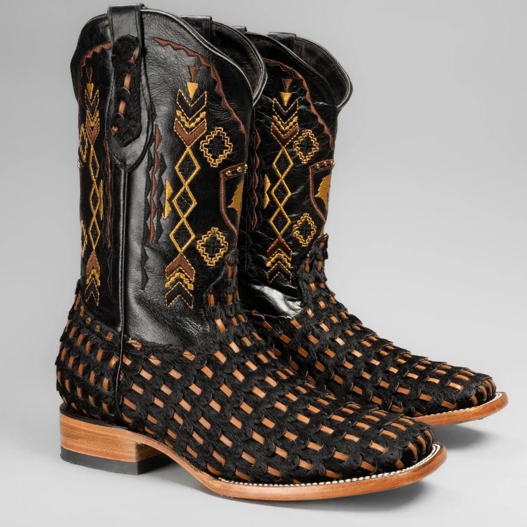 Joe Boots Men”s Braided Leather and Hair Tribute Square Toe Boot–Black - OriginalWestern.com