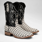 Joe Boots Men”s Braided Leather and Hair Tribute Square Toe Boot–White - OriginalWestern.com