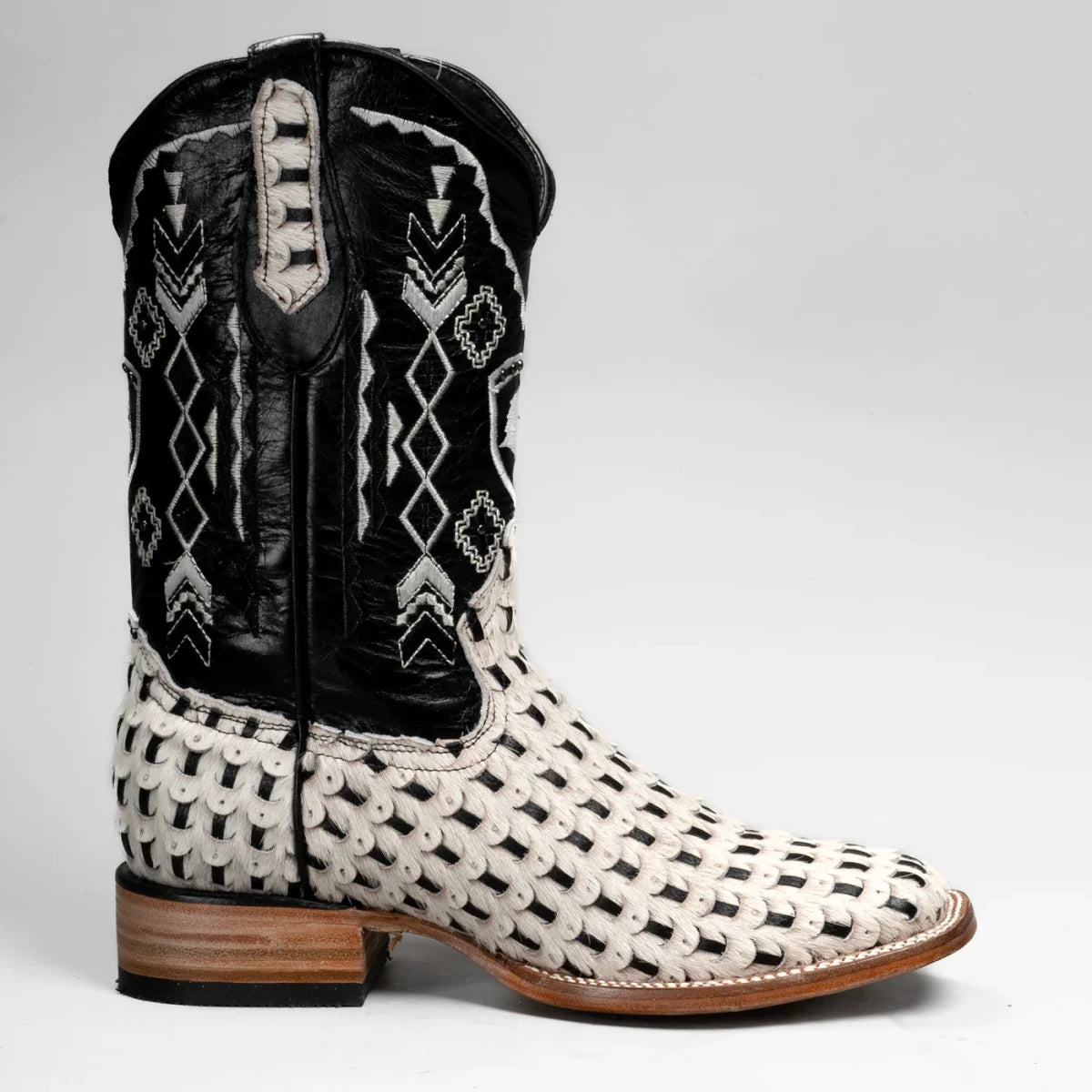 Joe Boots Men”s Braided Leather and Hair Tribute Square Toe Boot–White - OriginalWestern.com