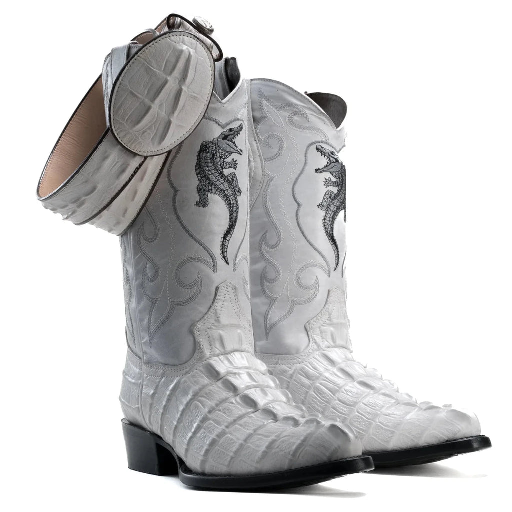 Joe Boots Men”s Caiman J Toe Cowboy Boots and Belt Combo–Bone - OriginalWestern.com